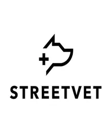 Logo of StreetVet featuring a stylized dog head with a medical cross, above the text "STREETVET" in bold black letters.